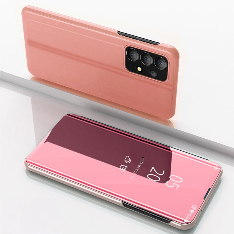 For Samsung Galaxy A73 5G PU Leather Smart View Window Case Electroplate Full Body Protection Stand Flip Mirror Phone Cover