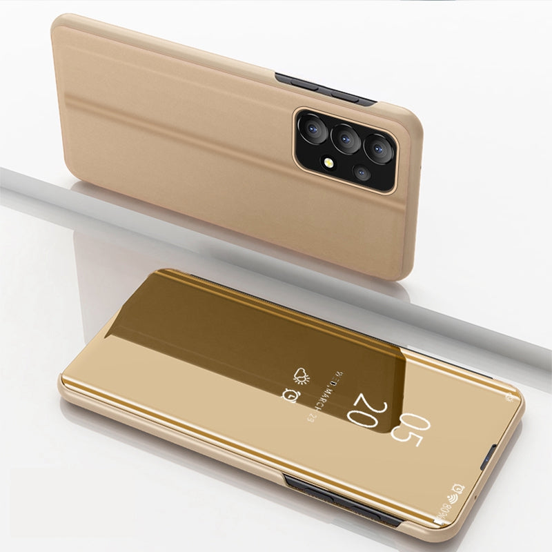 For Samsung Galaxy A73 5G PU Leather Smart View Window Case Electroplate Full Body Protection Stand Flip Mirror Phone Cover