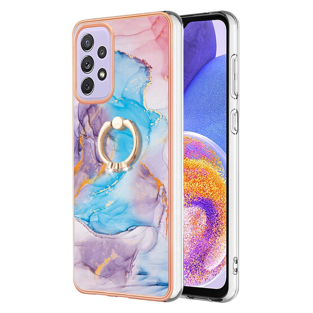 YB IMD Series-6 For Samsung Galaxy A23 4G (165.4 x 76.9 x 8.4mm) Marble Pattern Design Flexible TPU Case Wear-resistant IMD Back Cover with Ring Kickstand