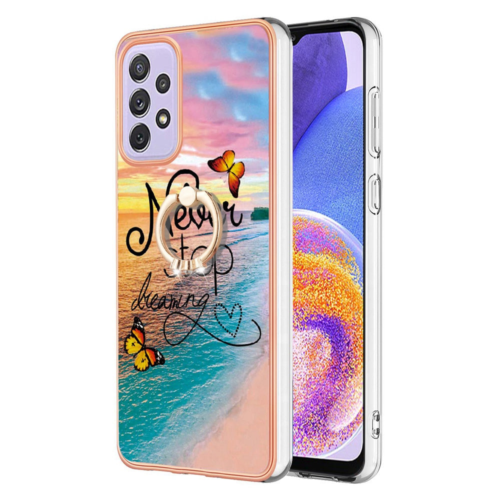 YB IMD Series-6 For Samsung Galaxy A23 4G (165.4 x 76.9 x 8.4mm) Marble Pattern Design Flexible TPU Case Wear-resistant IMD Back Cover with Ring Kickstand