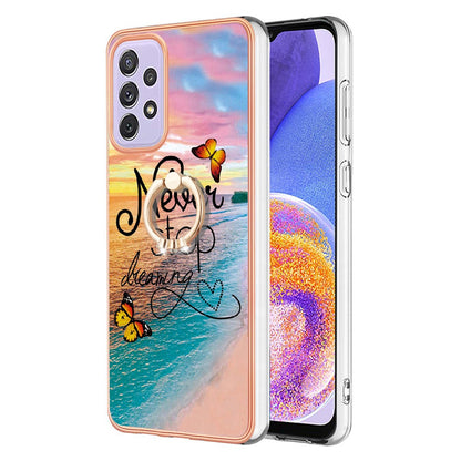 YB IMD Series-6 For Samsung Galaxy A23 4G (165.4 x 76.9 x 8.4mm) Marble Pattern Design Flexible TPU Case Wear-resistant IMD Back Cover with Ring Kickstand