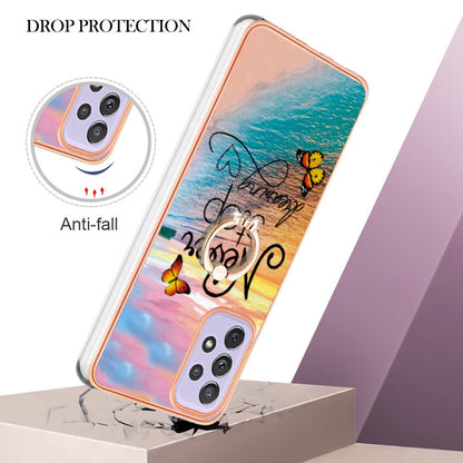 YB IMD Series-6 For Samsung Galaxy A23 4G (165.4 x 76.9 x 8.4mm) Marble Pattern Design Flexible TPU Case Wear-resistant IMD Back Cover with Ring Kickstand