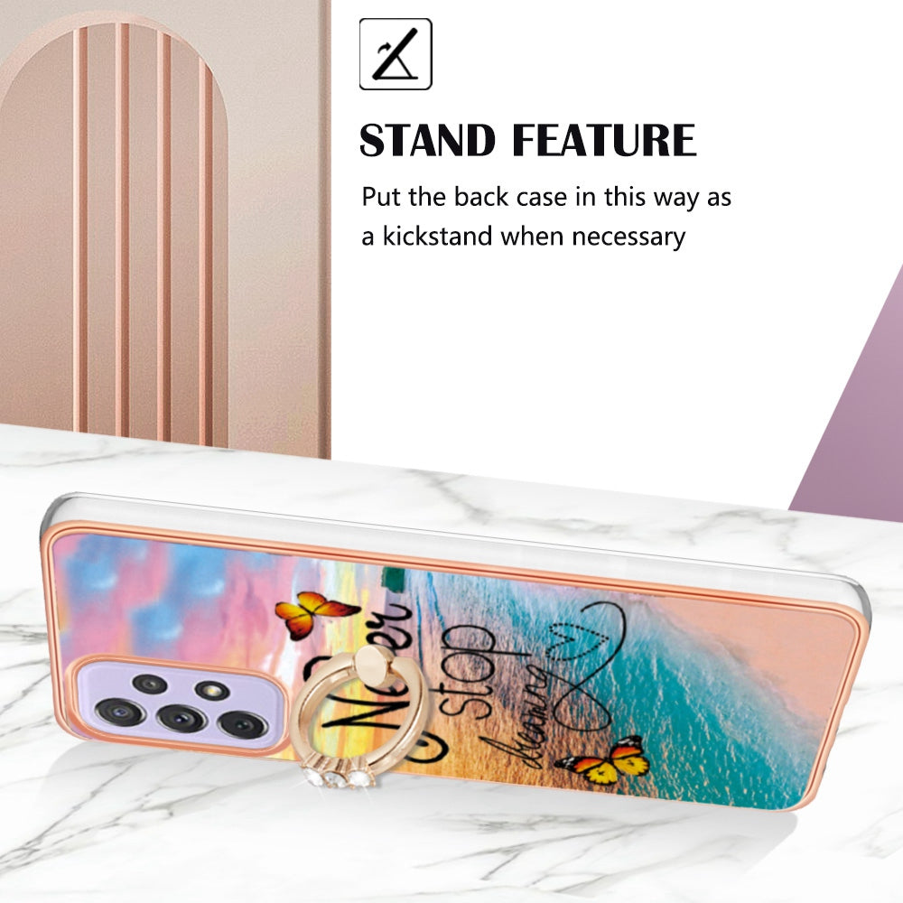 YB IMD Series-6 For Samsung Galaxy A23 4G (165.4 x 76.9 x 8.4mm) Marble Pattern Design Flexible TPU Case Wear-resistant IMD Back Cover with Ring Kickstand