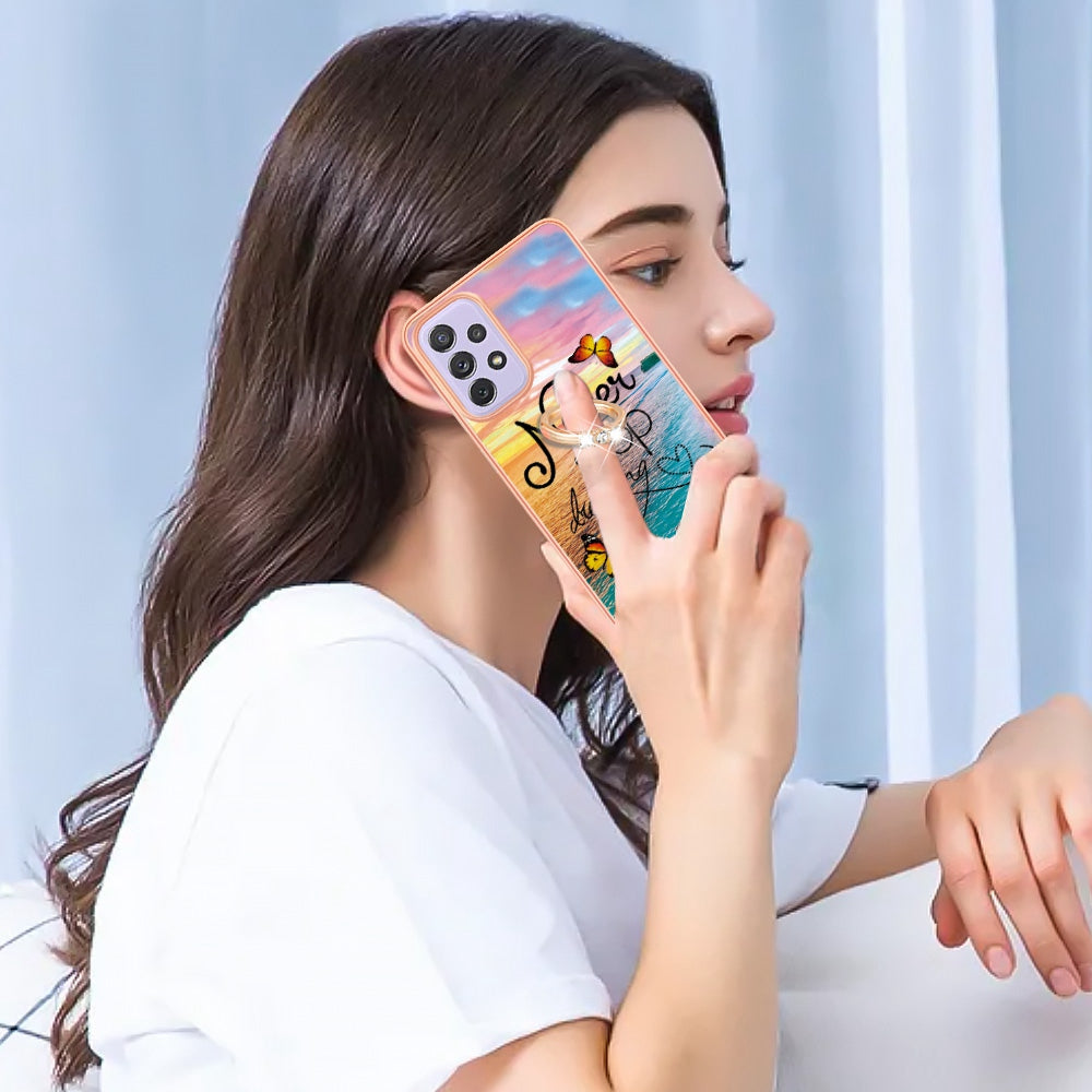 YB IMD Series-6 For Samsung Galaxy A23 4G (165.4 x 76.9 x 8.4mm) Marble Pattern Design Flexible TPU Case Wear-resistant IMD Back Cover with Ring Kickstand