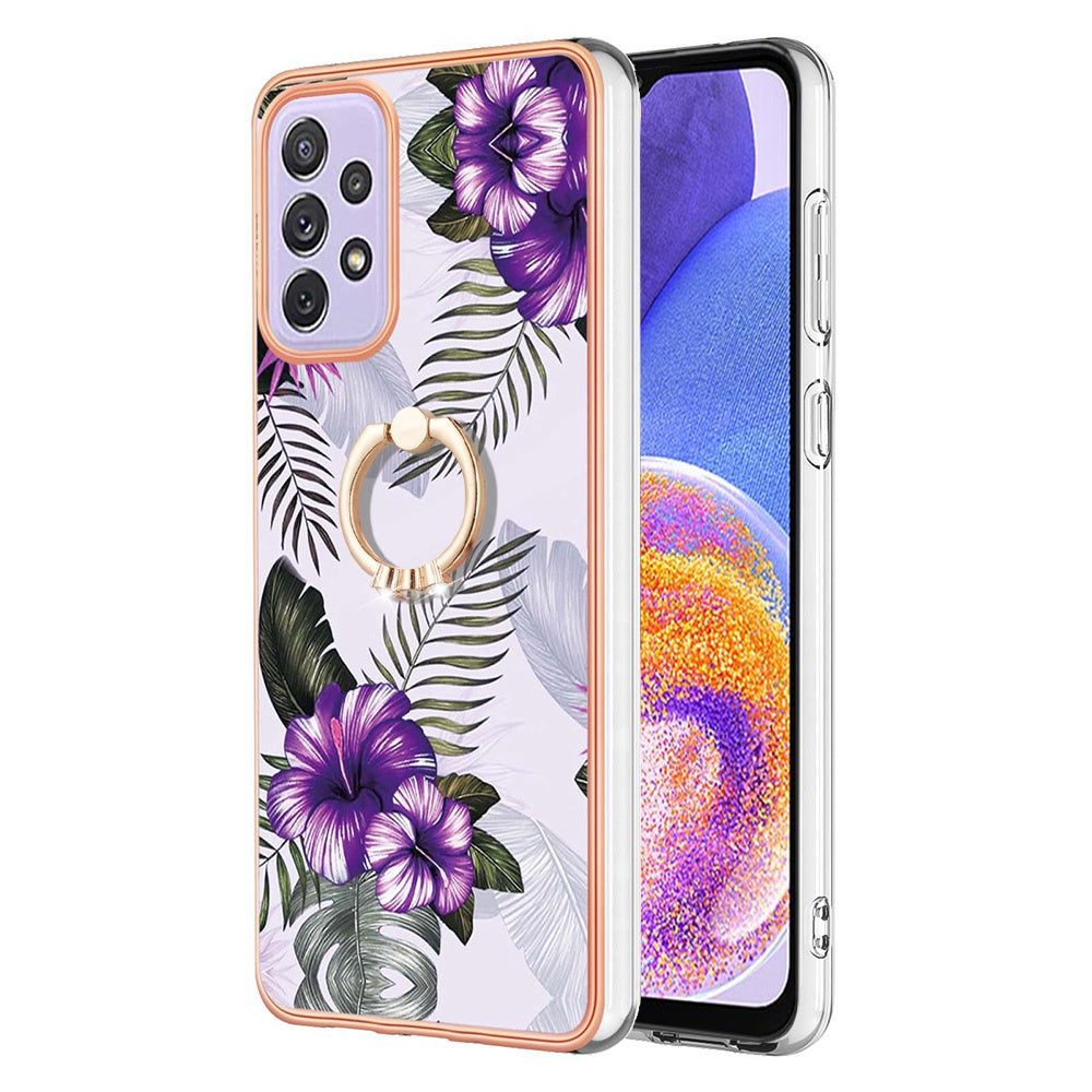 YB IMD Series-6 For Samsung Galaxy A23 4G (165.4 x 76.9 x 8.4mm) Marble Pattern Design Flexible TPU Case Wear-resistant IMD Back Cover with Ring Kickstand