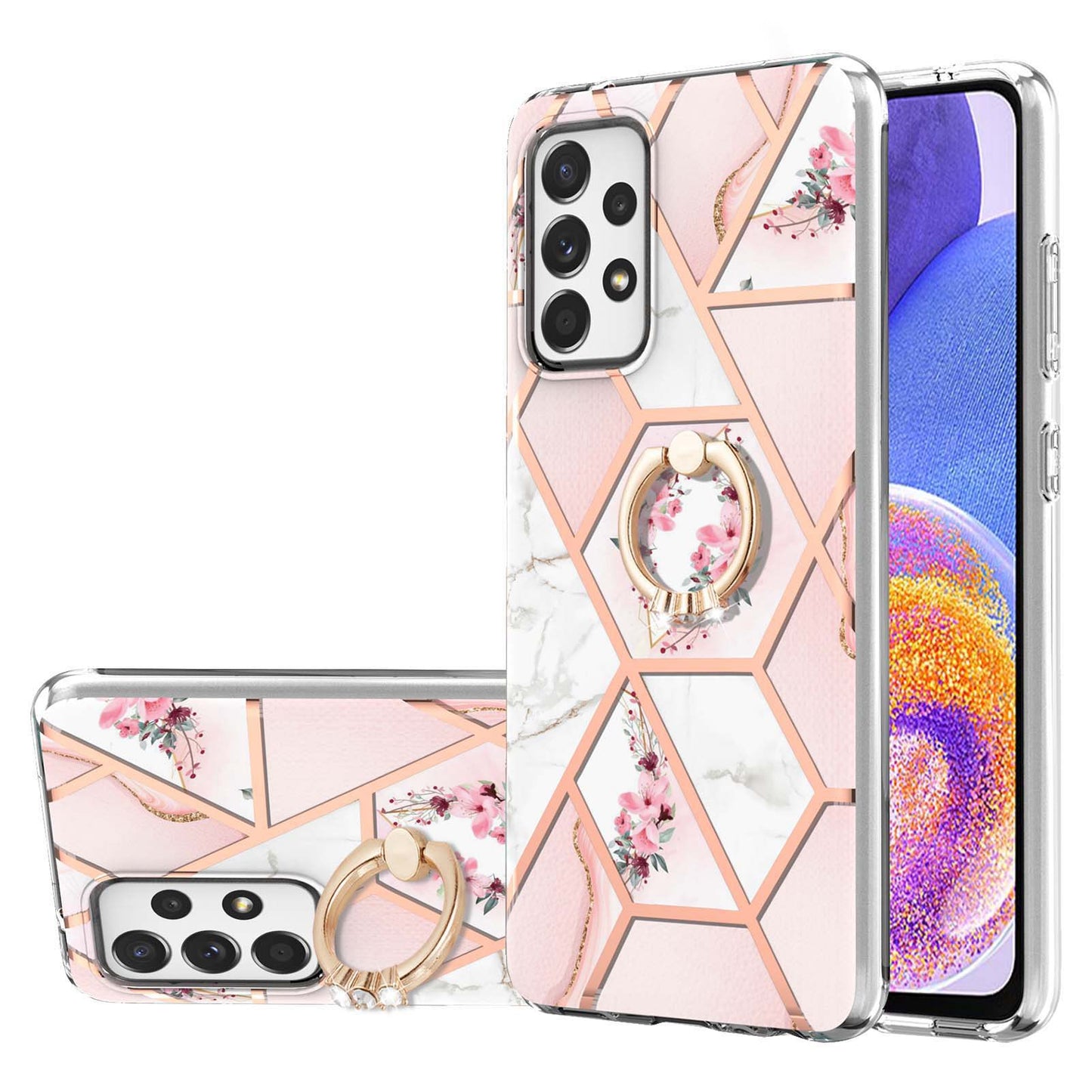 YB IMD Series-6 For Samsung Galaxy A23 4G (165.4 x 76.9 x 8.4mm) Marble Pattern Design Flexible TPU Case Wear-resistant IMD Back Cover with Ring Kickstand