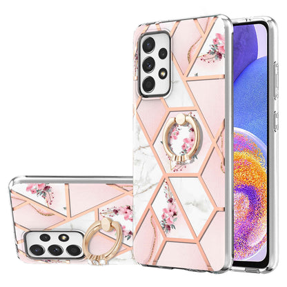 YB IMD Series-6 For Samsung Galaxy A23 4G (165.4 x 76.9 x 8.4mm) Marble Pattern Design Flexible TPU Case Wear-resistant IMD Back Cover with Ring Kickstand