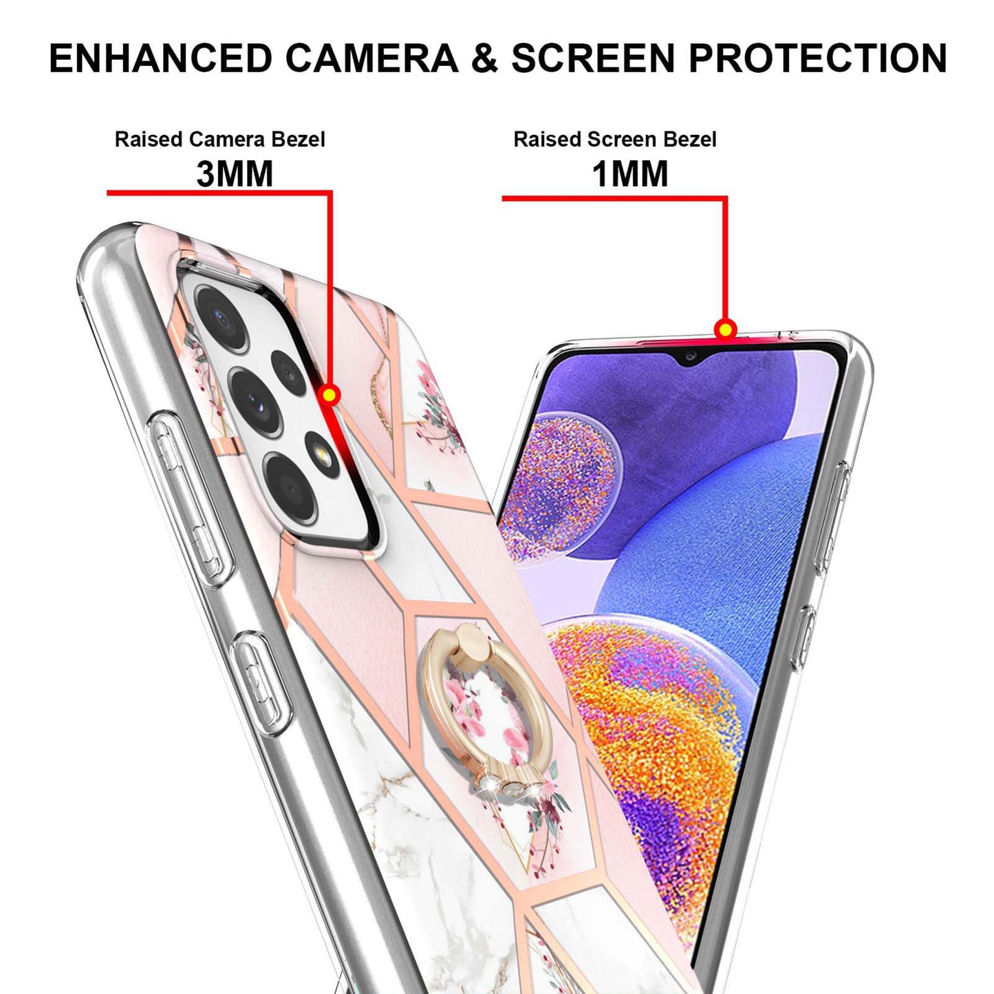 YB IMD Series-6 For Samsung Galaxy A23 4G (165.4 x 76.9 x 8.4mm) Marble Pattern Design Flexible TPU Case Wear-resistant IMD Back Cover with Ring Kickstand