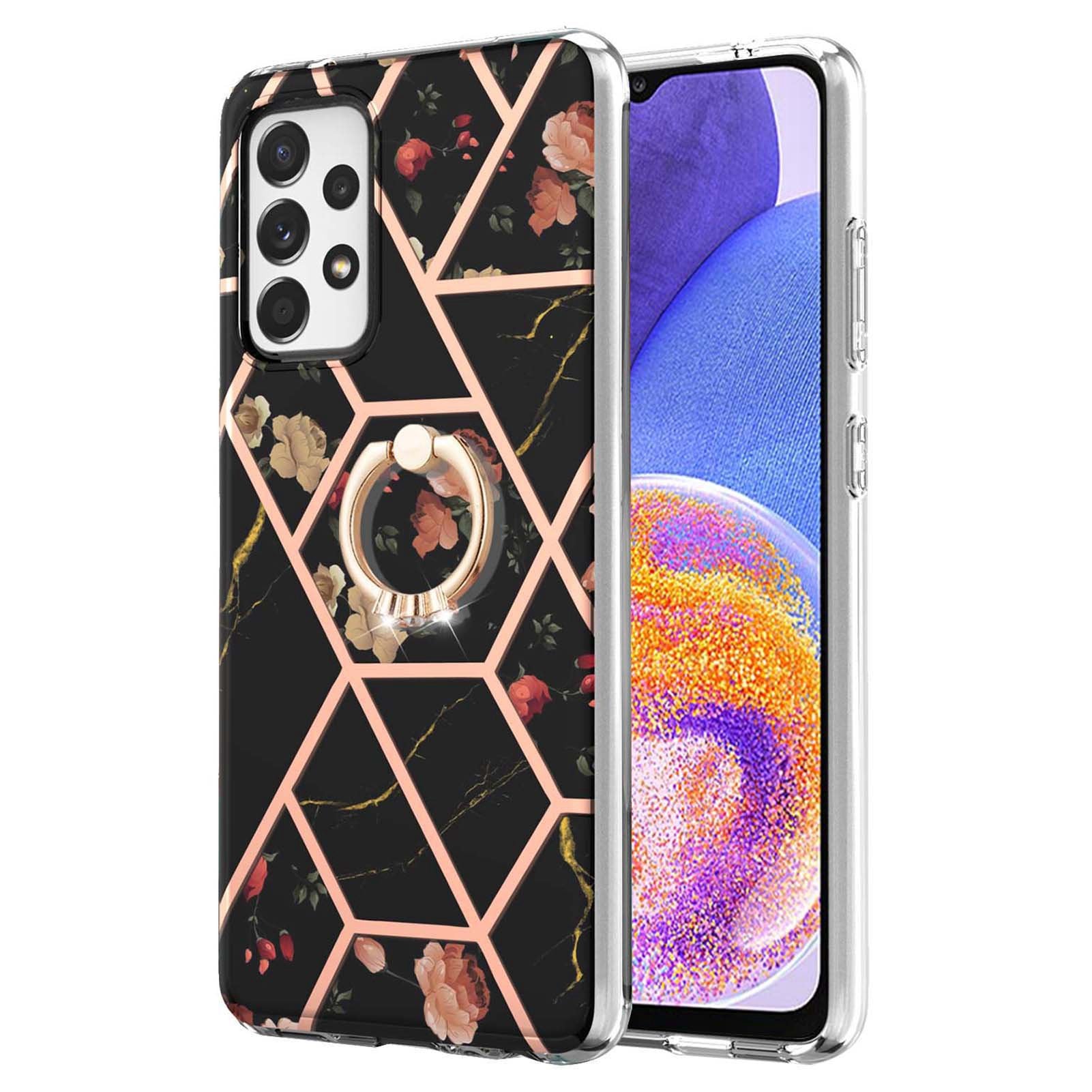 YB IMD Series-6 For Samsung Galaxy A23 4G (165.4 x 76.9 x 8.4mm) Marble Pattern Design Flexible TPU Case Wear-resistant IMD Back Cover with Ring Kickstand