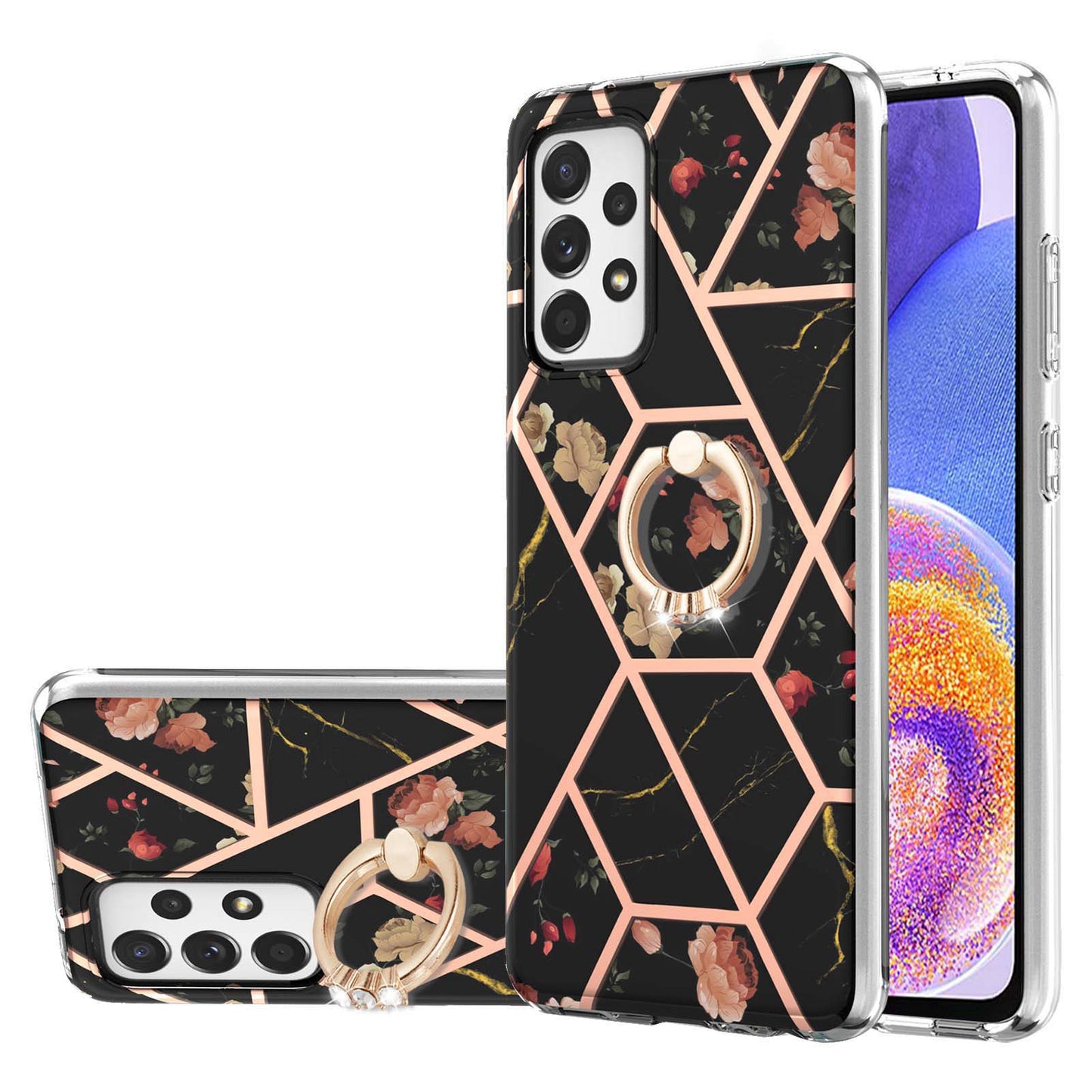 YB IMD Series-6 For Samsung Galaxy A23 4G (165.4 x 76.9 x 8.4mm) Marble Pattern Design Flexible TPU Case Wear-resistant IMD Back Cover with Ring Kickstand