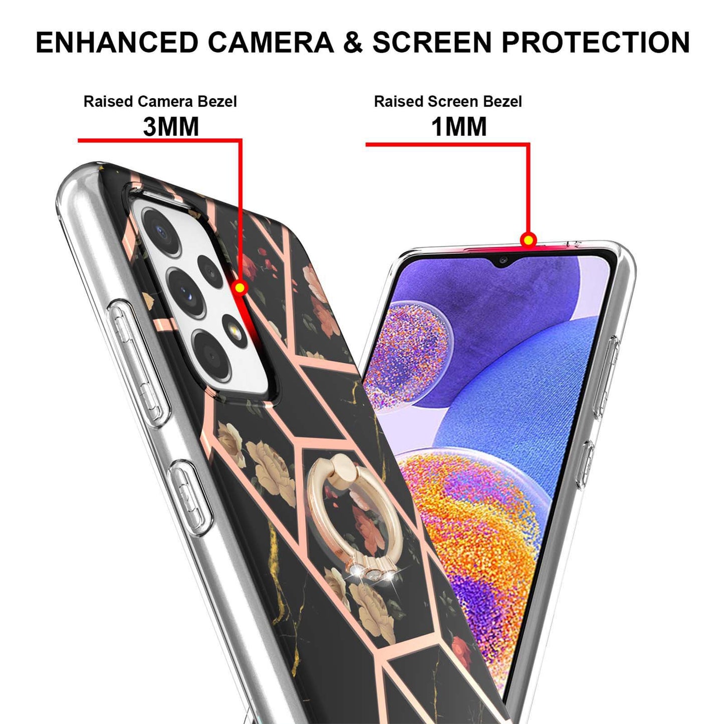 YB IMD Series-6 For Samsung Galaxy A23 4G (165.4 x 76.9 x 8.4mm) Marble Pattern Design Flexible TPU Case Wear-resistant IMD Back Cover with Ring Kickstand