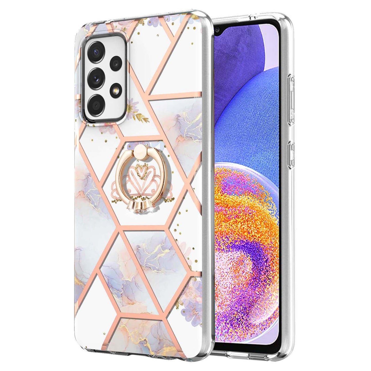 YB IMD Series-6 For Samsung Galaxy A23 4G (165.4 x 76.9 x 8.4mm) Marble Pattern Design Flexible TPU Case Wear-resistant IMD Back Cover with Ring Kickstand