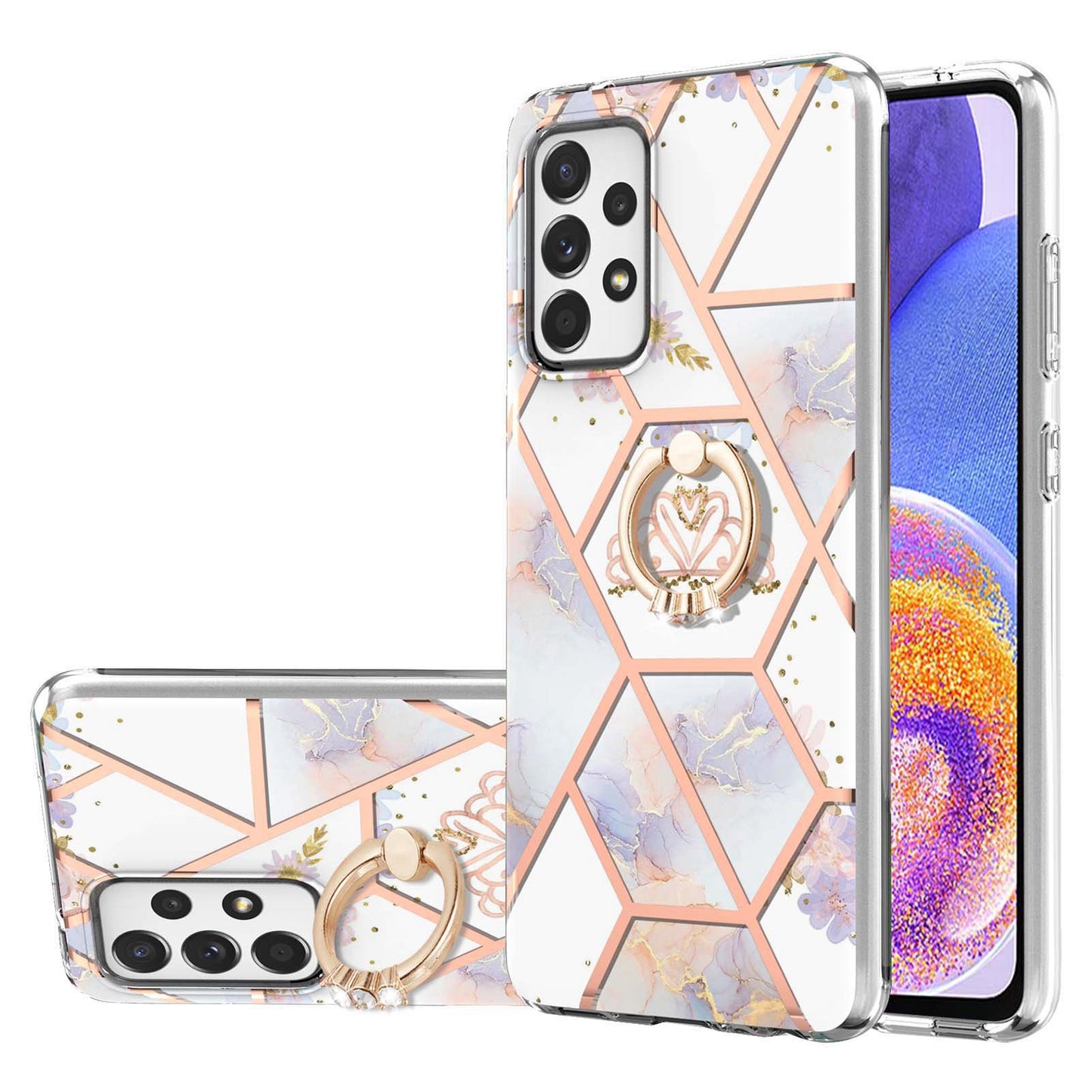 YB IMD Series-6 For Samsung Galaxy A23 4G (165.4 x 76.9 x 8.4mm) Marble Pattern Design Flexible TPU Case Wear-resistant IMD Back Cover with Ring Kickstand