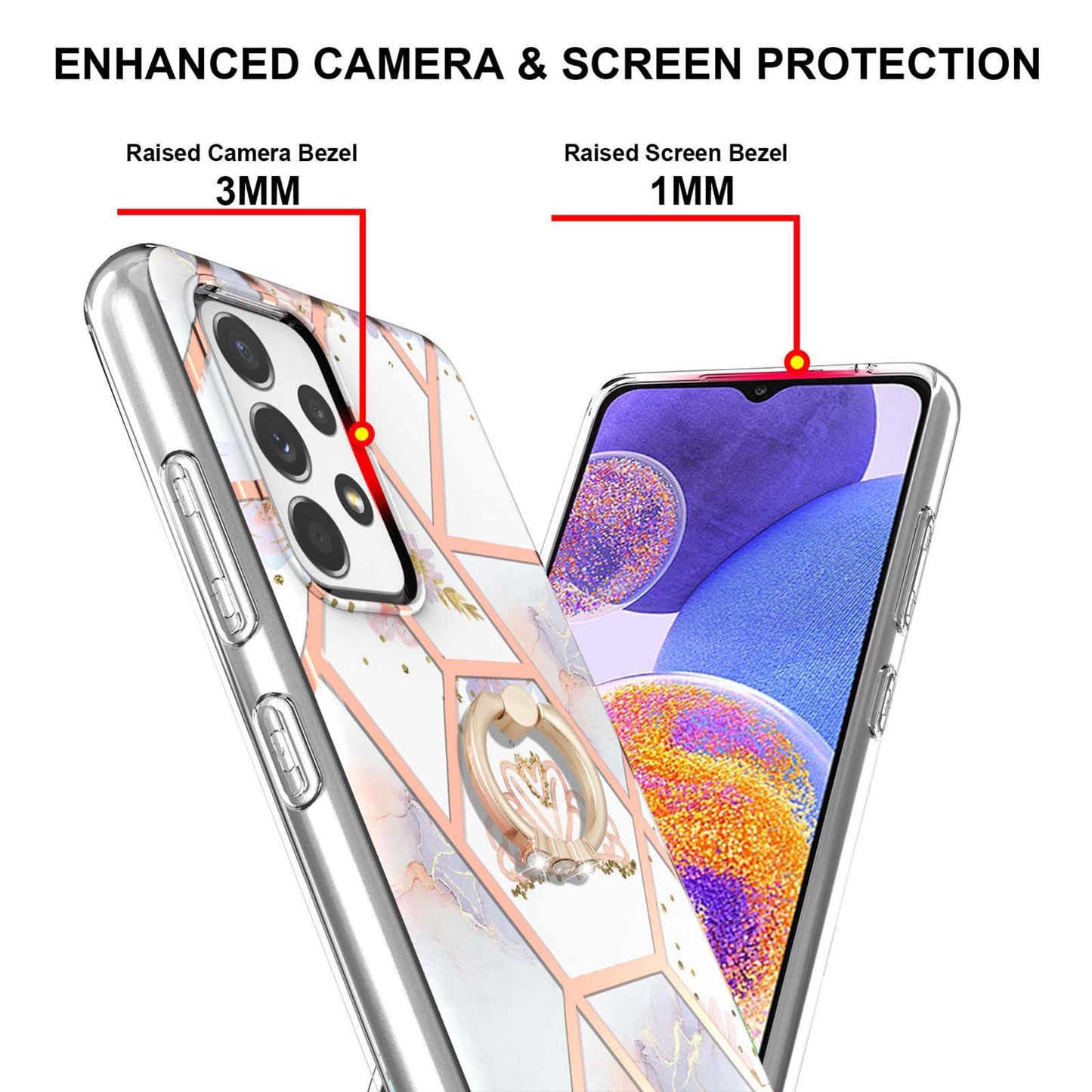 YB IMD Series-6 For Samsung Galaxy A23 4G (165.4 x 76.9 x 8.4mm) Marble Pattern Design Flexible TPU Case Wear-resistant IMD Back Cover with Ring Kickstand