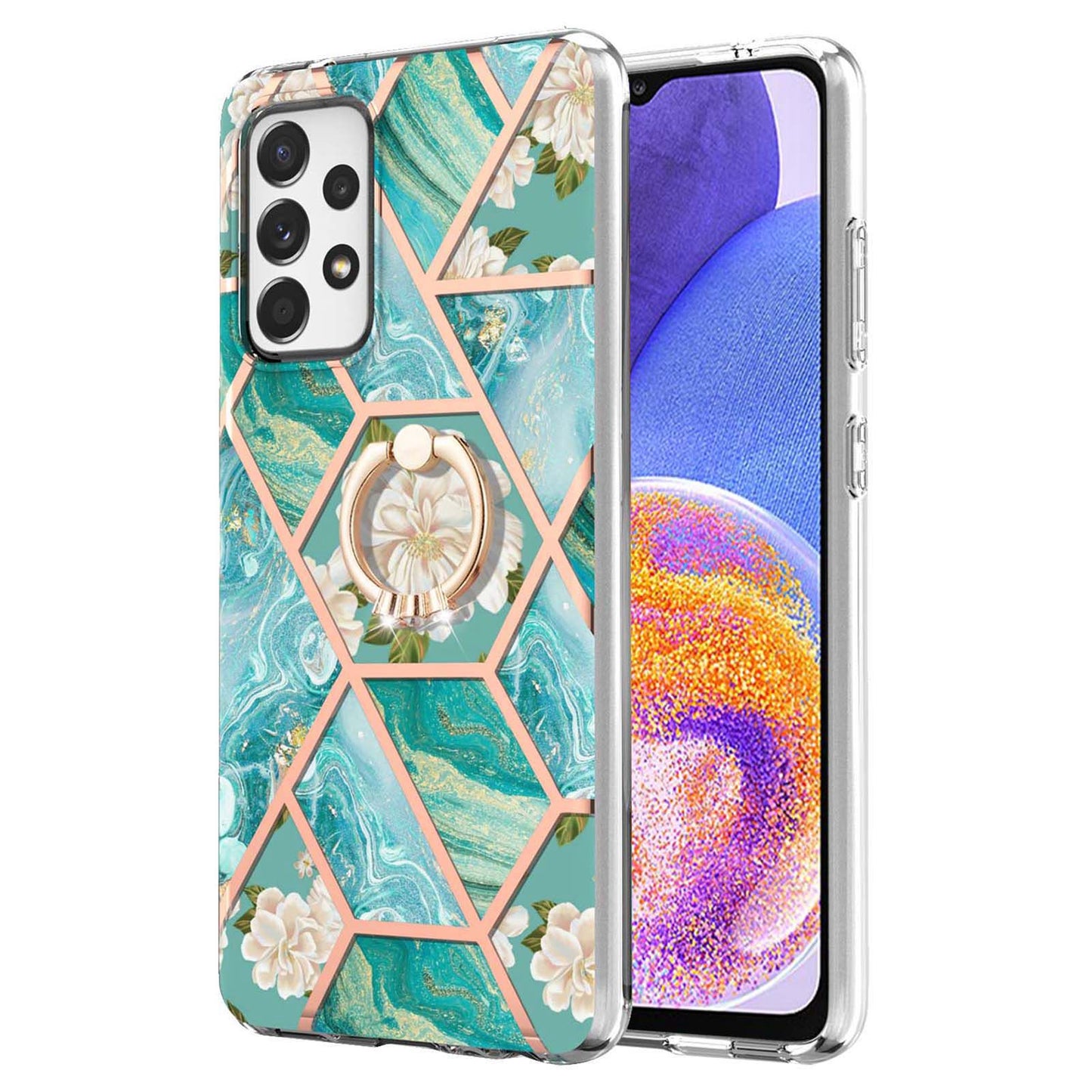YB IMD Series-6 For Samsung Galaxy A23 4G (165.4 x 76.9 x 8.4mm) Marble Pattern Design Flexible TPU Case Wear-resistant IMD Back Cover with Ring Kickstand