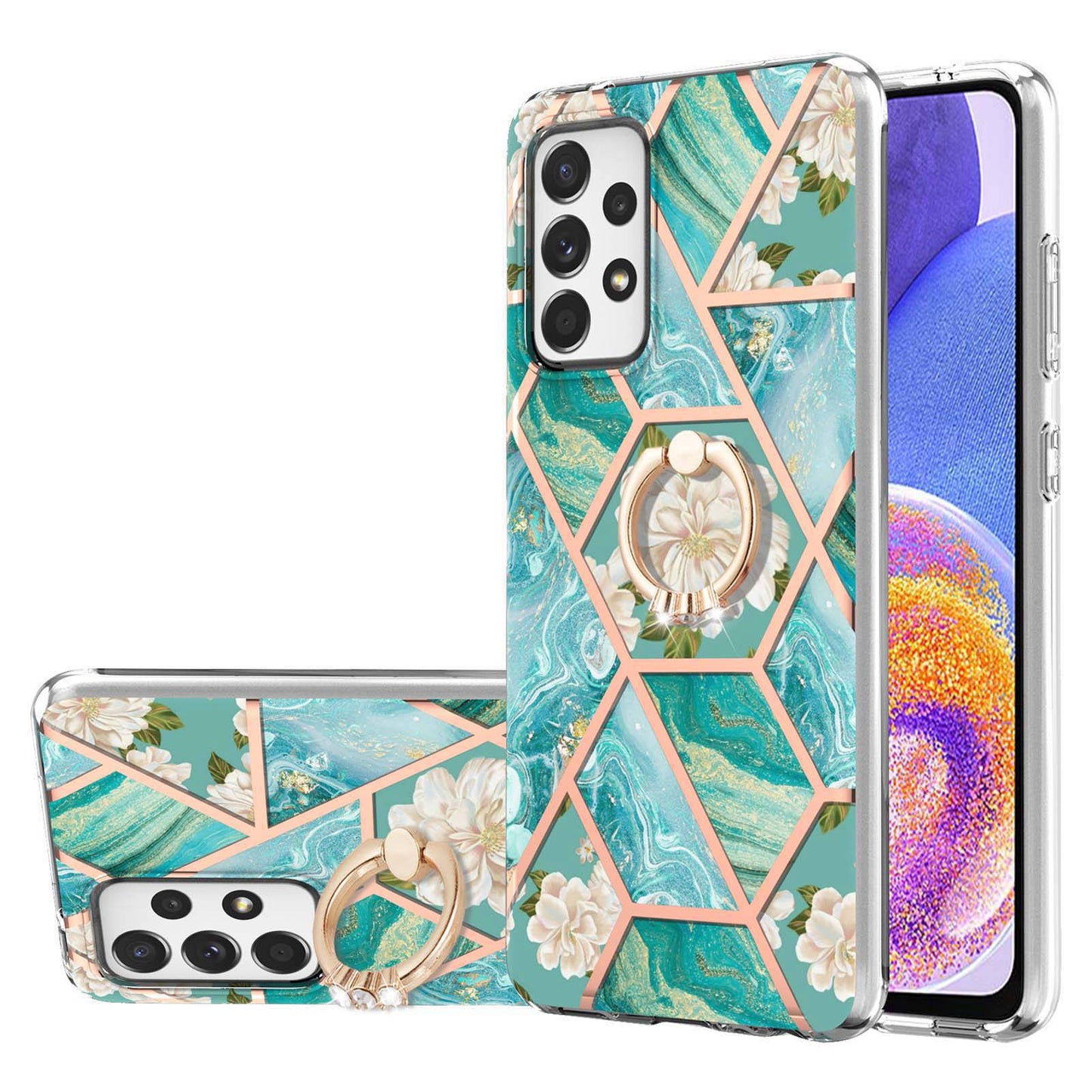 YB IMD Series-6 For Samsung Galaxy A23 4G (165.4 x 76.9 x 8.4mm) Marble Pattern Design Flexible TPU Case Wear-resistant IMD Back Cover with Ring Kickstand