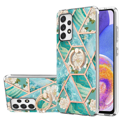 YB IMD Series-6 For Samsung Galaxy A23 4G (165.4 x 76.9 x 8.4mm) Marble Pattern Design Flexible TPU Case Wear-resistant IMD Back Cover with Ring Kickstand