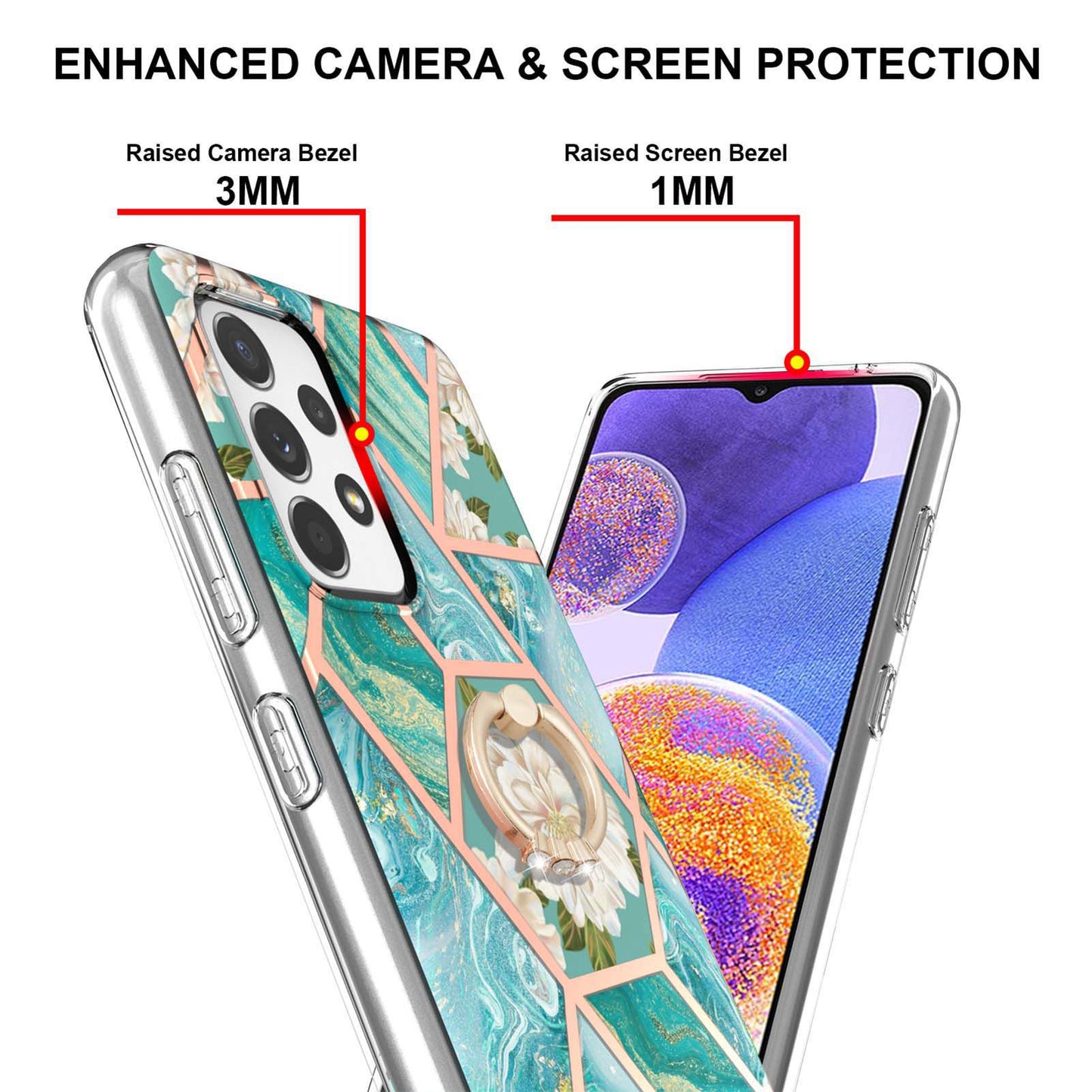 YB IMD Series-6 For Samsung Galaxy A23 4G (165.4 x 76.9 x 8.4mm) Marble Pattern Design Flexible TPU Case Wear-resistant IMD Back Cover with Ring Kickstand