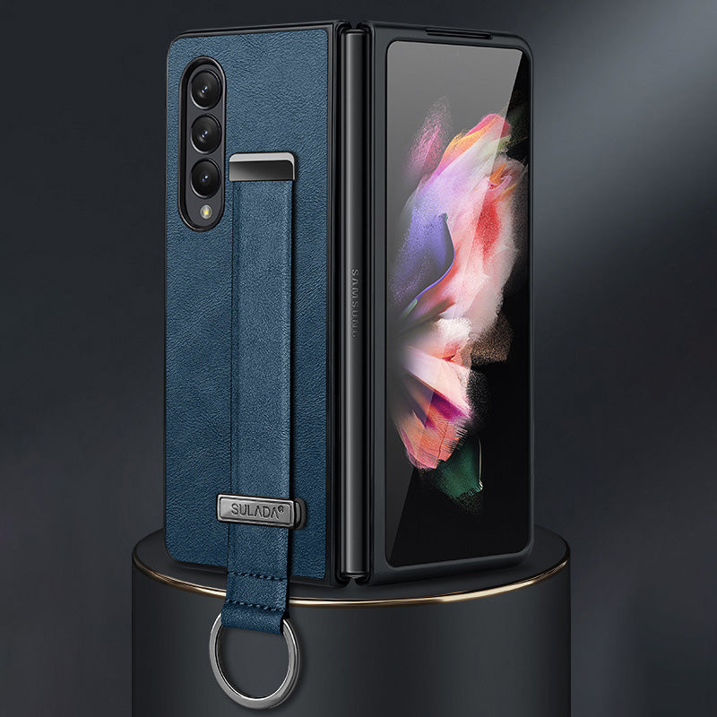 SULADA Fashion Series for Samsung Galaxy Z Fold3 5G/Galaxy W22 5G Kickstand Phone Case Crazy Horse Texture Leather Coated PC Back Cover with Hand Strap