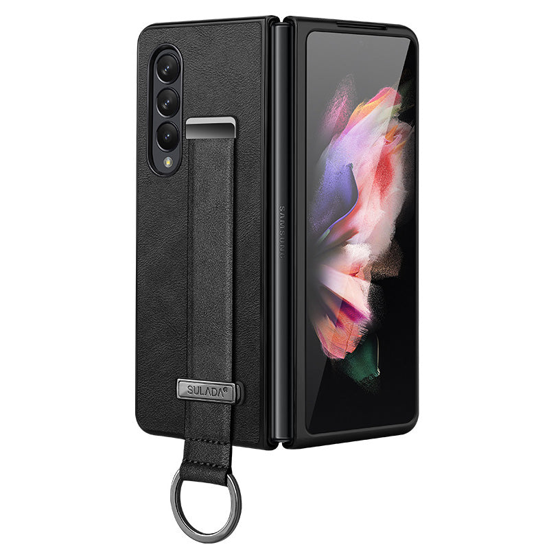 SULADA Fashion Series for Samsung Galaxy Z Fold3 5G/Galaxy W22 5G Kickstand Phone Case Crazy Horse Texture Leather Coated PC Back Cover with Hand Strap