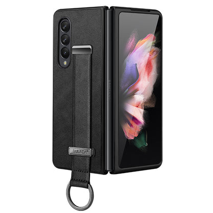 SULADA Fashion Series for Samsung Galaxy Z Fold3 5G/Galaxy W22 5G Kickstand Phone Case Crazy Horse Texture Leather Coated PC Back Cover with Hand Strap
