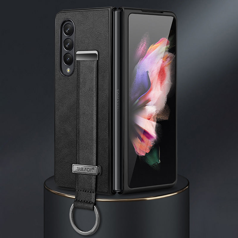 SULADA Fashion Series for Samsung Galaxy Z Fold3 5G/Galaxy W22 5G Kickstand Phone Case Crazy Horse Texture Leather Coated PC Back Cover with Hand Strap