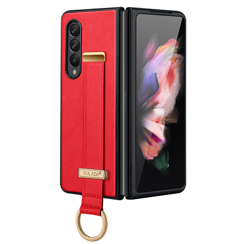 SULADA Fashion Series for Samsung Galaxy Z Fold3 5G/Galaxy W22 5G Kickstand Phone Case Crazy Horse Texture Leather Coated PC Back Cover with Hand Strap