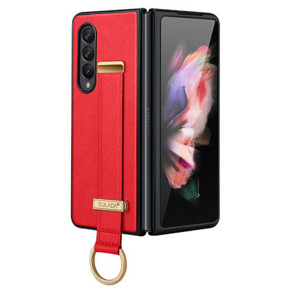 SULADA Fashion Series for Samsung Galaxy Z Fold3 5G/Galaxy W22 5G Kickstand Phone Case Crazy Horse Texture Leather Coated PC Back Cover with Hand Strap