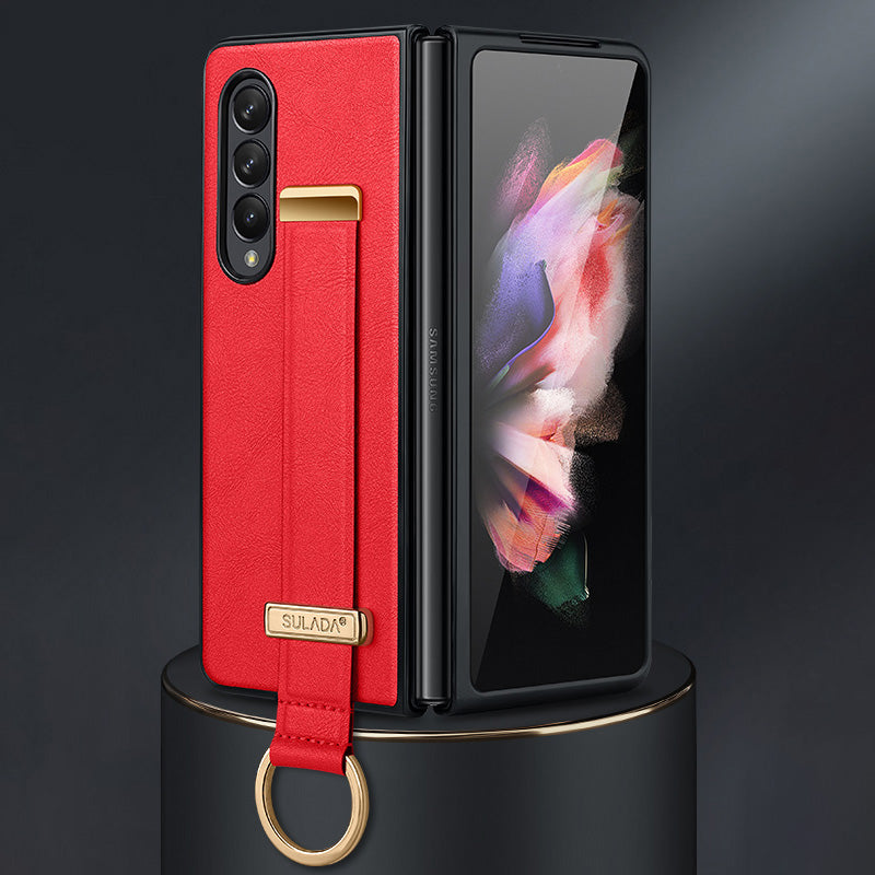 SULADA Fashion Series for Samsung Galaxy Z Fold3 5G/Galaxy W22 5G Kickstand Phone Case Crazy Horse Texture Leather Coated PC Back Cover with Hand Strap