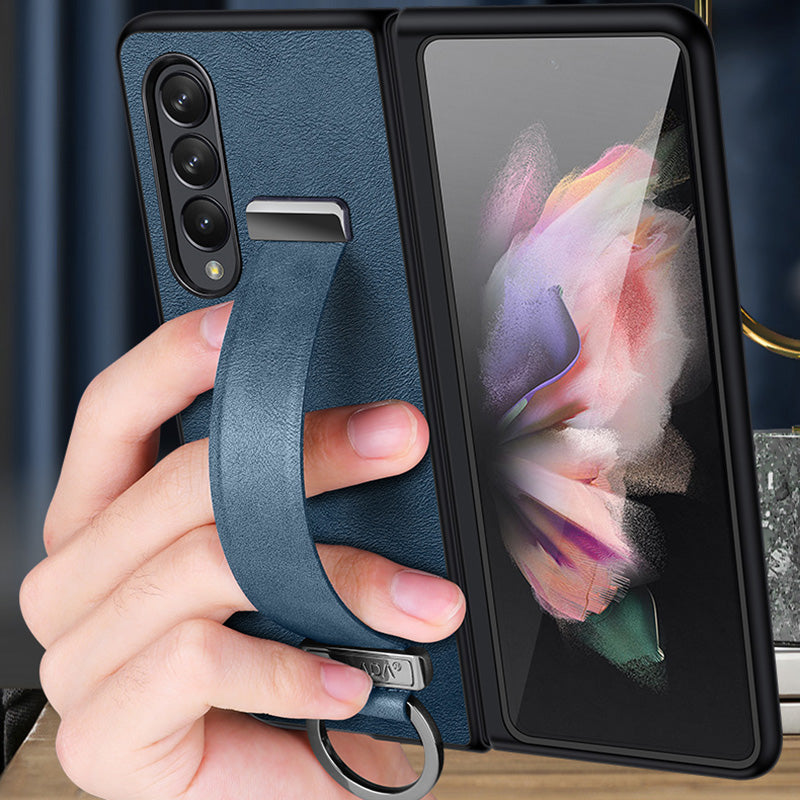 SULADA Fashion Series for Samsung Galaxy Z Fold3 5G/Galaxy W22 5G Kickstand Phone Case Crazy Horse Texture Leather Coated PC Back Cover with Hand Strap