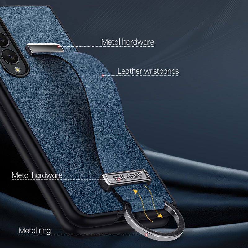 SULADA Fashion Series for Samsung Galaxy Z Fold3 5G/Galaxy W22 5G Kickstand Phone Case Crazy Horse Texture Leather Coated PC Back Cover with Hand Strap