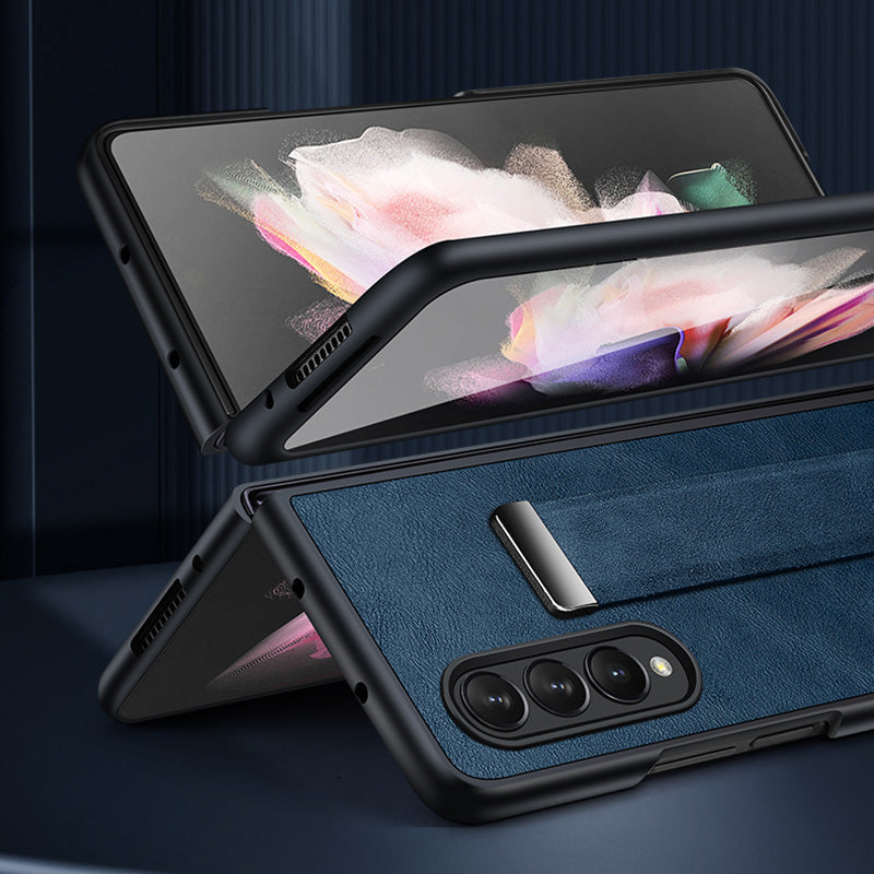 SULADA Fashion Series for Samsung Galaxy Z Fold3 5G/Galaxy W22 5G Kickstand Phone Case Crazy Horse Texture Leather Coated PC Back Cover with Hand Strap