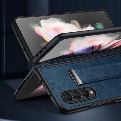 SULADA Fashion Series for Samsung Galaxy Z Fold3 5G/Galaxy W22 5G Kickstand Phone Case Crazy Horse Texture Leather Coated PC Back Cover with Hand Strap