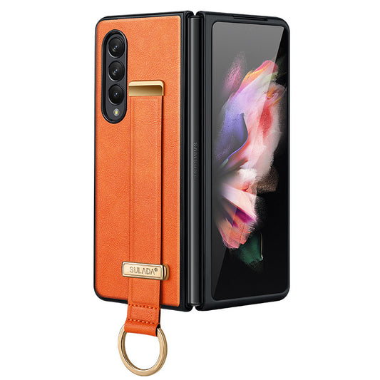 SULADA Fashion Series for Samsung Galaxy Z Fold3 5G/Galaxy W22 5G Kickstand Phone Case Crazy Horse Texture Leather Coated PC Back Cover with Hand Strap