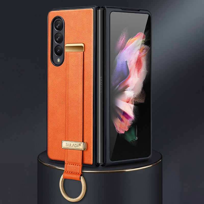 SULADA Fashion Series for Samsung Galaxy Z Fold3 5G/Galaxy W22 5G Kickstand Phone Case Crazy Horse Texture Leather Coated PC Back Cover with Hand Strap