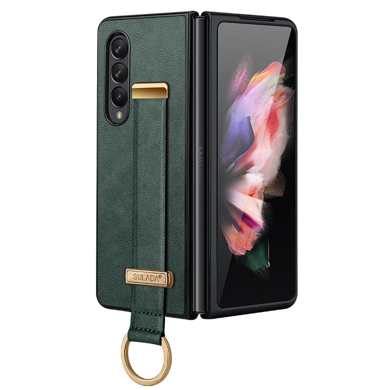 SULADA Fashion Series for Samsung Galaxy Z Fold3 5G/Galaxy W22 5G Kickstand Phone Case Crazy Horse Texture Leather Coated PC Back Cover with Hand Strap