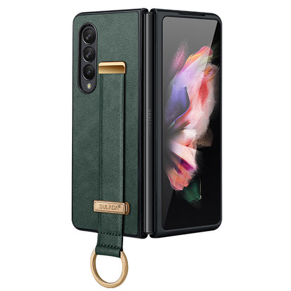 SULADA Fashion Series for Samsung Galaxy Z Fold3 5G/Galaxy W22 5G Kickstand Phone Case Crazy Horse Texture Leather Coated PC Back Cover with Hand Strap