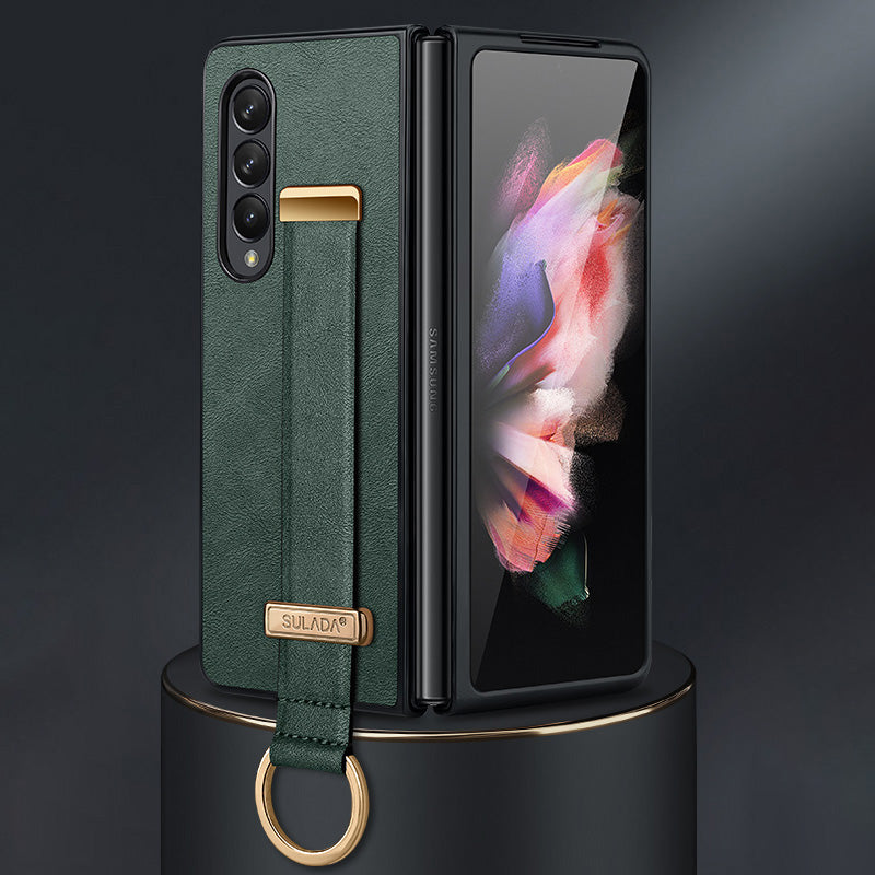 SULADA Fashion Series for Samsung Galaxy Z Fold3 5G/Galaxy W22 5G Kickstand Phone Case Crazy Horse Texture Leather Coated PC Back Cover with Hand Strap