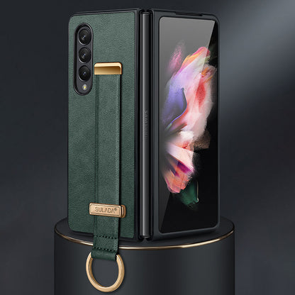 SULADA Fashion Series for Samsung Galaxy Z Fold3 5G/Galaxy W22 5G Kickstand Phone Case Crazy Horse Texture Leather Coated PC Back Cover with Hand Strap