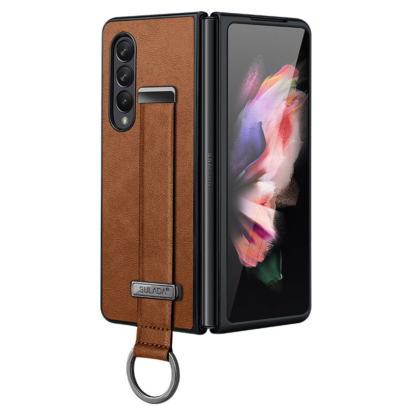 SULADA Fashion Series for Samsung Galaxy Z Fold3 5G/Galaxy W22 5G Kickstand Phone Case Crazy Horse Texture Leather Coated PC Back Cover with Hand Strap