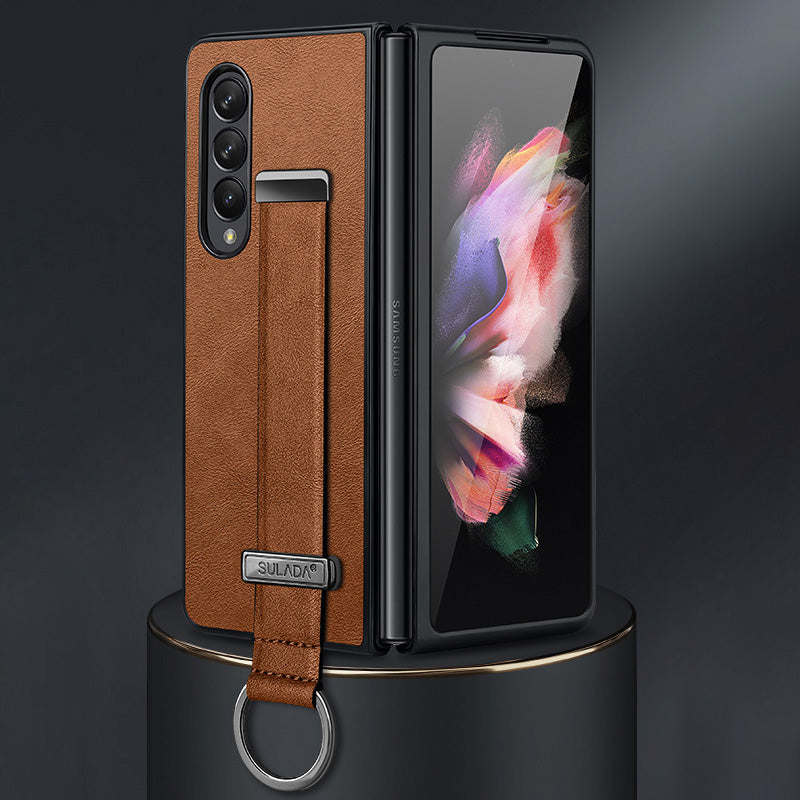 SULADA Fashion Series for Samsung Galaxy Z Fold3 5G/Galaxy W22 5G Kickstand Phone Case Crazy Horse Texture Leather Coated PC Back Cover with Hand Strap
