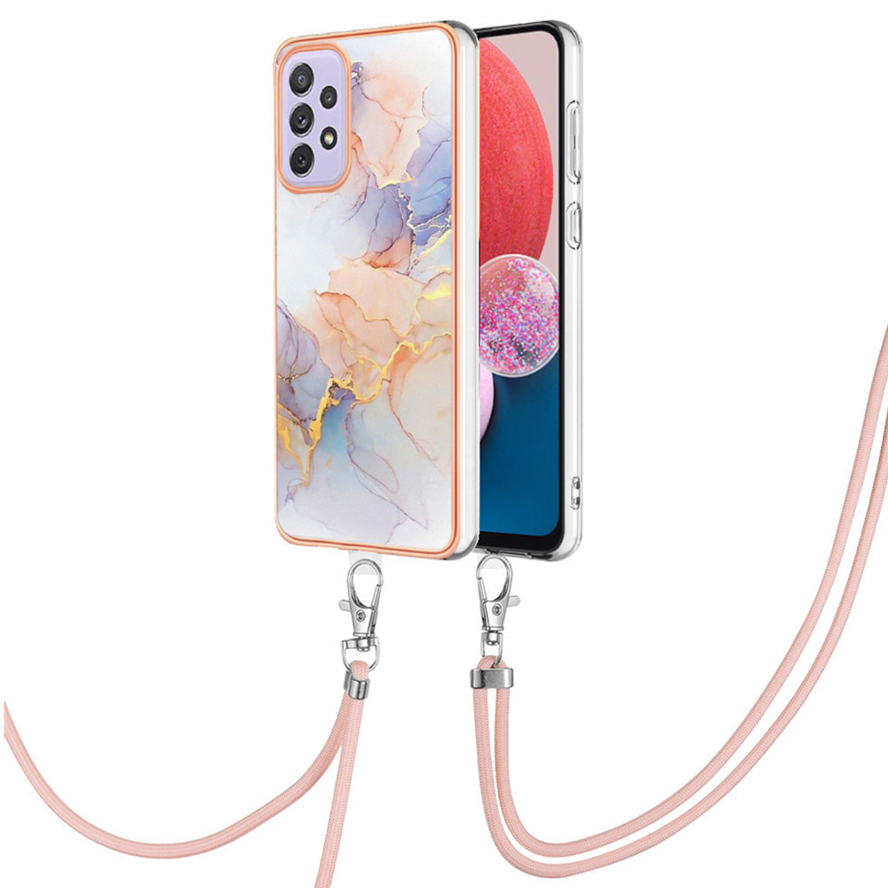 YB IMD Series-4 For Samsung Galaxy A13 4G Ultra-slim Wear-resistant IMD IML Electroplating Marble Flower Pattern Soft TPU Cell Phone Case with Lanyard