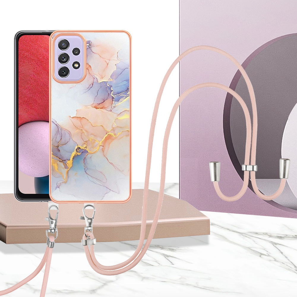 YB IMD Series-4 For Samsung Galaxy A13 4G Ultra-slim Wear-resistant IMD IML Electroplating Marble Flower Pattern Soft TPU Cell Phone Case with Lanyard
