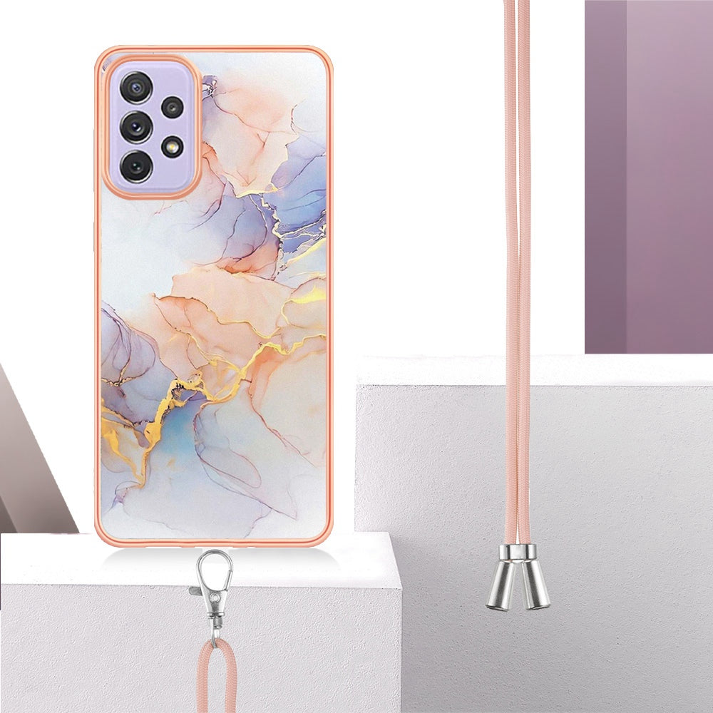 YB IMD Series-4 For Samsung Galaxy A13 4G Ultra-slim Wear-resistant IMD IML Electroplating Marble Flower Pattern Soft TPU Cell Phone Case with Lanyard