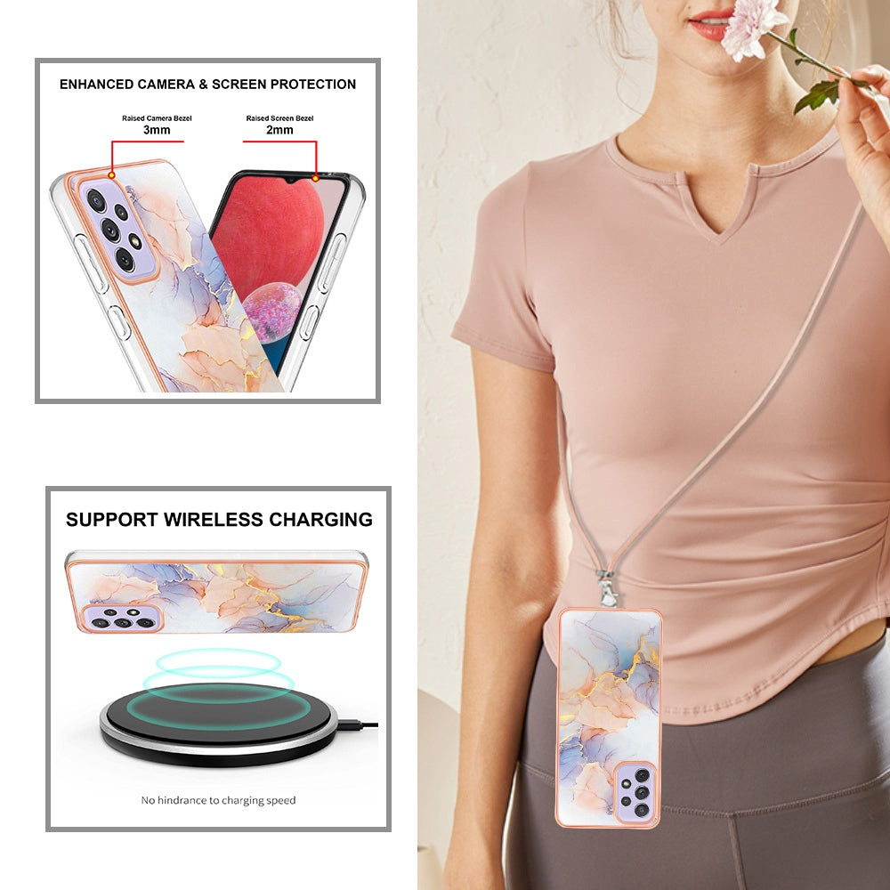 YB IMD Series-4 For Samsung Galaxy A13 4G Ultra-slim Wear-resistant IMD IML Electroplating Marble Flower Pattern Soft TPU Cell Phone Case with Lanyard