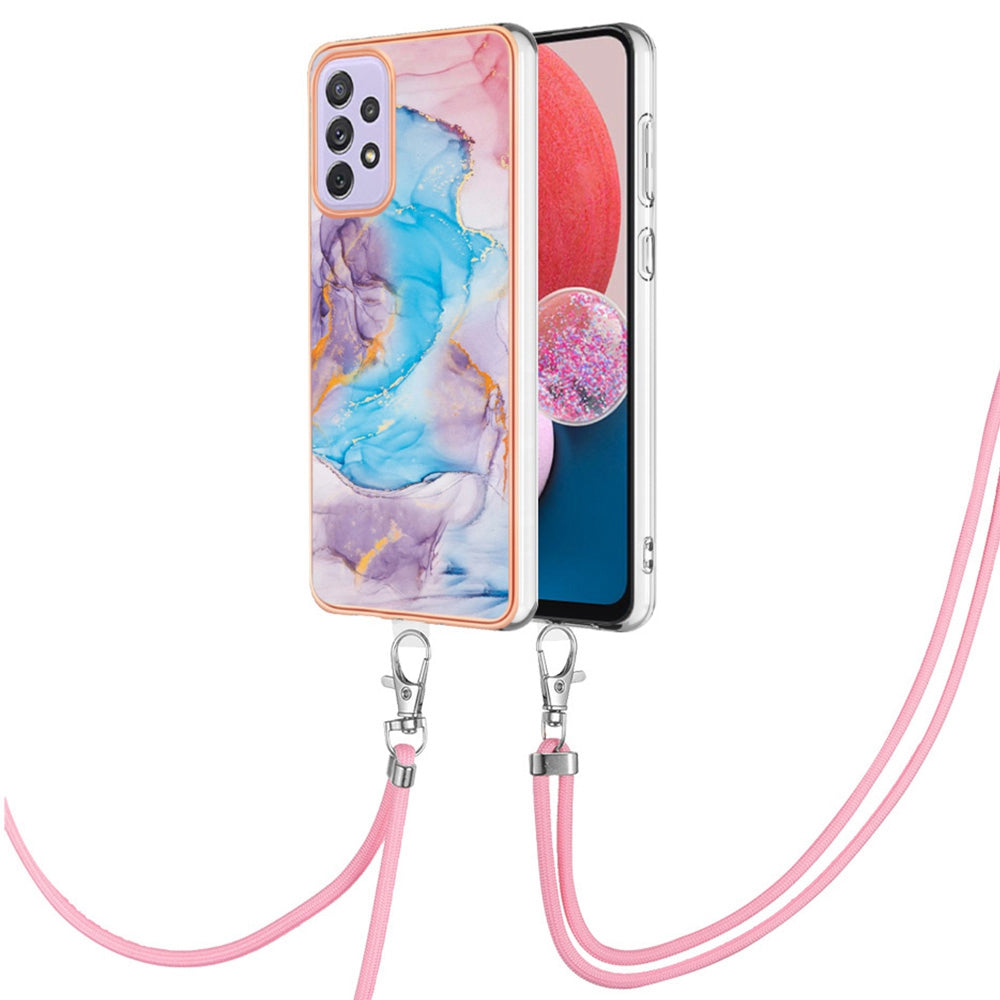 YB IMD Series-4 For Samsung Galaxy A13 4G Ultra-slim Wear-resistant IMD IML Electroplating Marble Flower Pattern Soft TPU Cell Phone Case with Lanyard