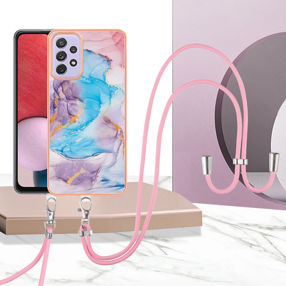 YB IMD Series-4 For Samsung Galaxy A13 4G Ultra-slim Wear-resistant IMD IML Electroplating Marble Flower Pattern Soft TPU Cell Phone Case with Lanyard