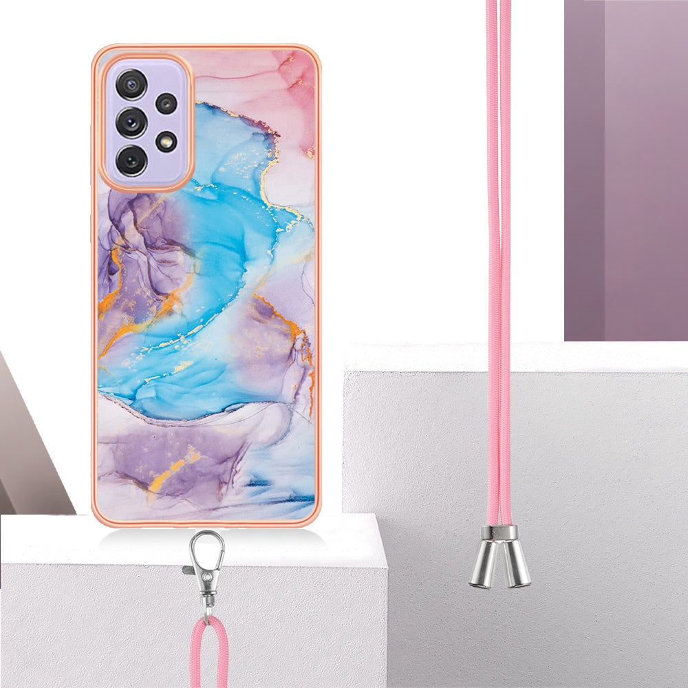 YB IMD Series-4 For Samsung Galaxy A13 4G Ultra-slim Wear-resistant IMD IML Electroplating Marble Flower Pattern Soft TPU Cell Phone Case with Lanyard