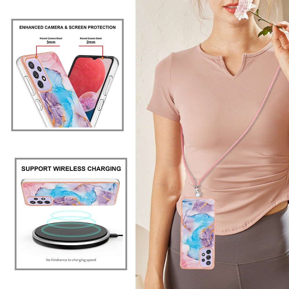 YB IMD Series-4 For Samsung Galaxy A13 4G Ultra-slim Wear-resistant IMD IML Electroplating Marble Flower Pattern Soft TPU Cell Phone Case with Lanyard