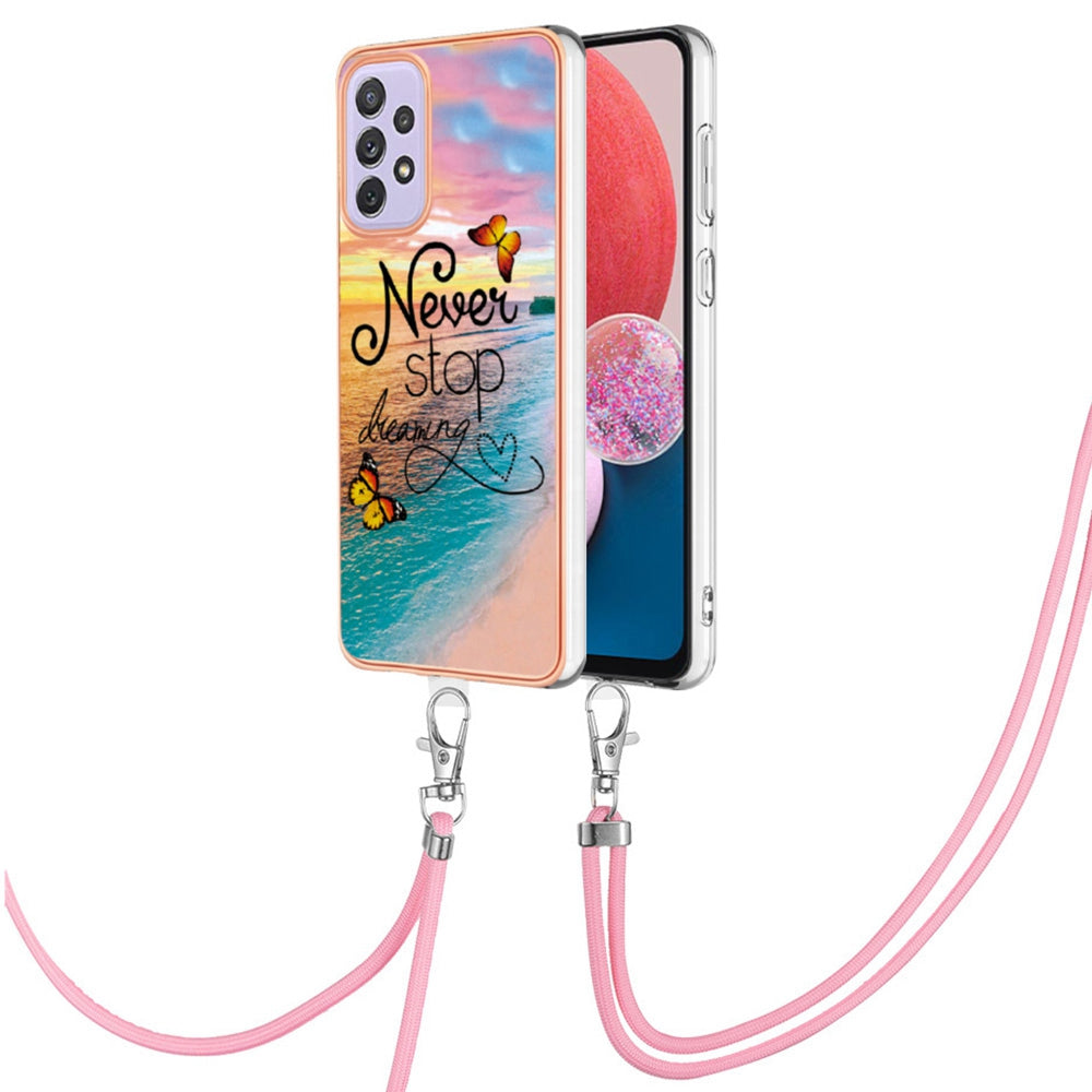 YB IMD Series-4 For Samsung Galaxy A13 4G Ultra-slim Wear-resistant IMD IML Electroplating Marble Flower Pattern Soft TPU Cell Phone Case with Lanyard